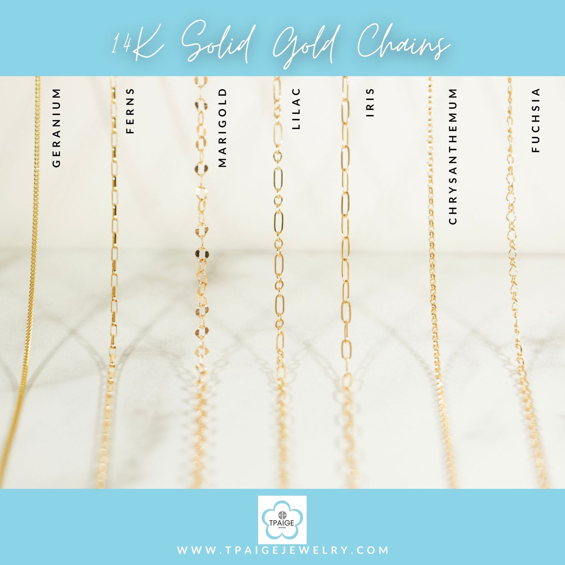 "Chrysanthemum" 14K Solid Gold 1.1mm Flat Wire Rolo Chain - TPAIGE Jewelry