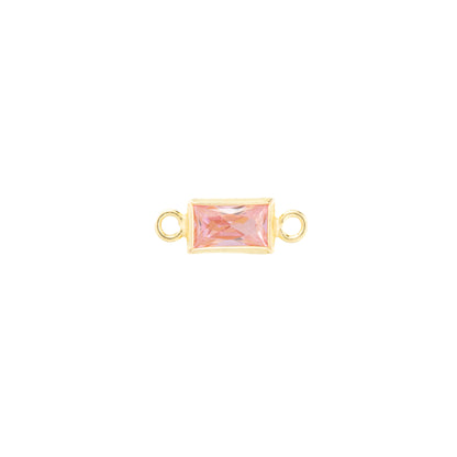 A rectangular gold-plated bezel setting with a faceted iridescent pink gemstone, flanked by two small circular gold loops on either side, centered on a plain white background.
