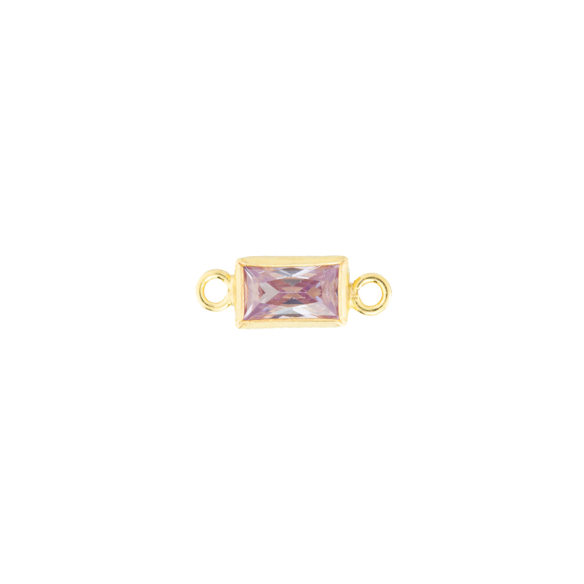 A gold-plated rectangular bezel setting with a faceted, iridescent lavender-pink gemstone and two small side loops, shown on a plain white background.