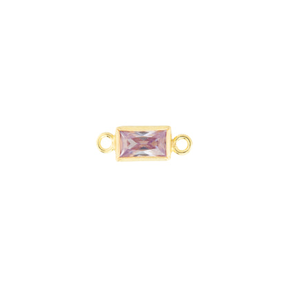 A gold-plated rectangular bezel setting with a faceted, iridescent lavender-pink gemstone and two small side loops, shown on a plain white background.