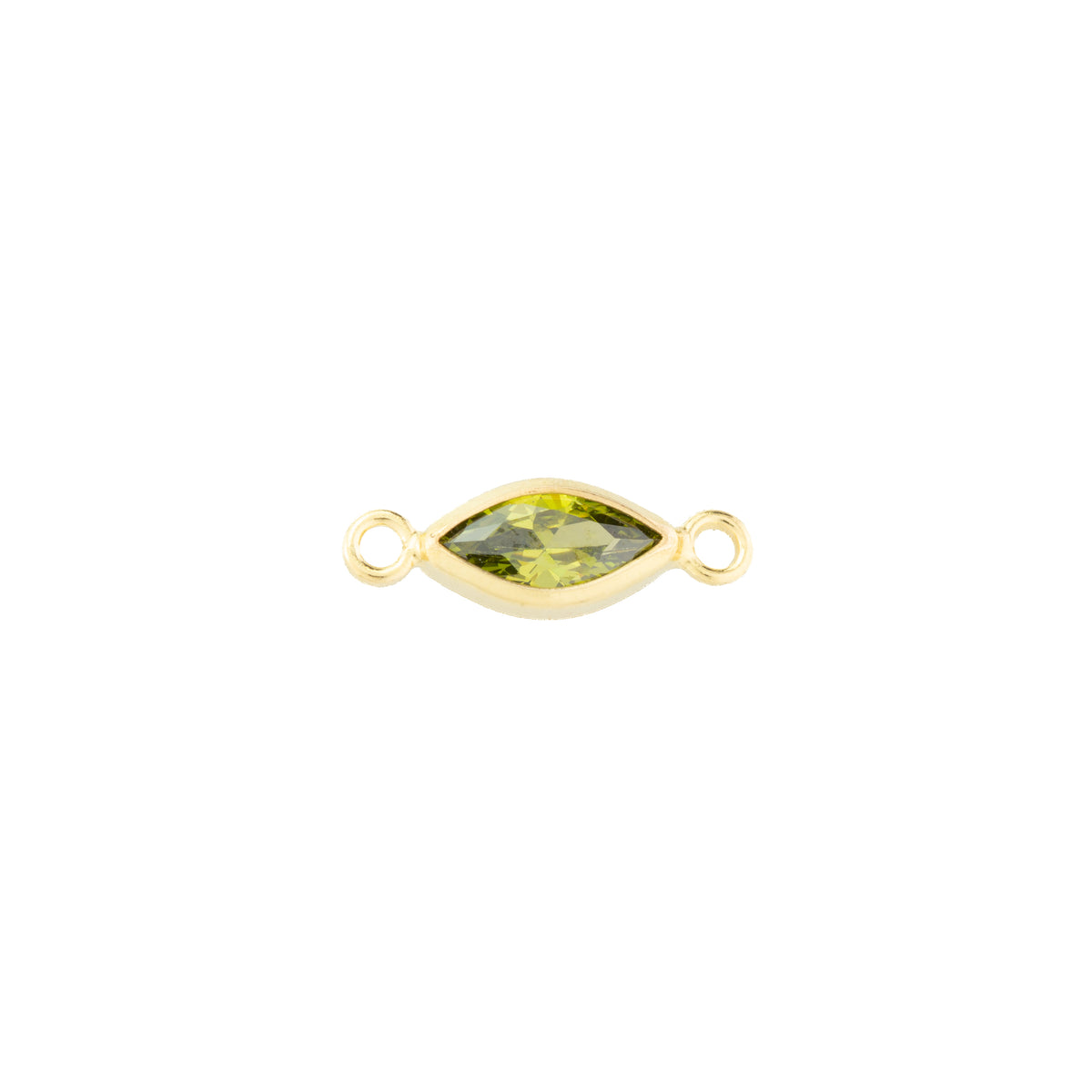 A gold-filled marquise-shaped connector charm with a light green faceted gemstone in the center and two small loops on either end, shown on a plain white background.