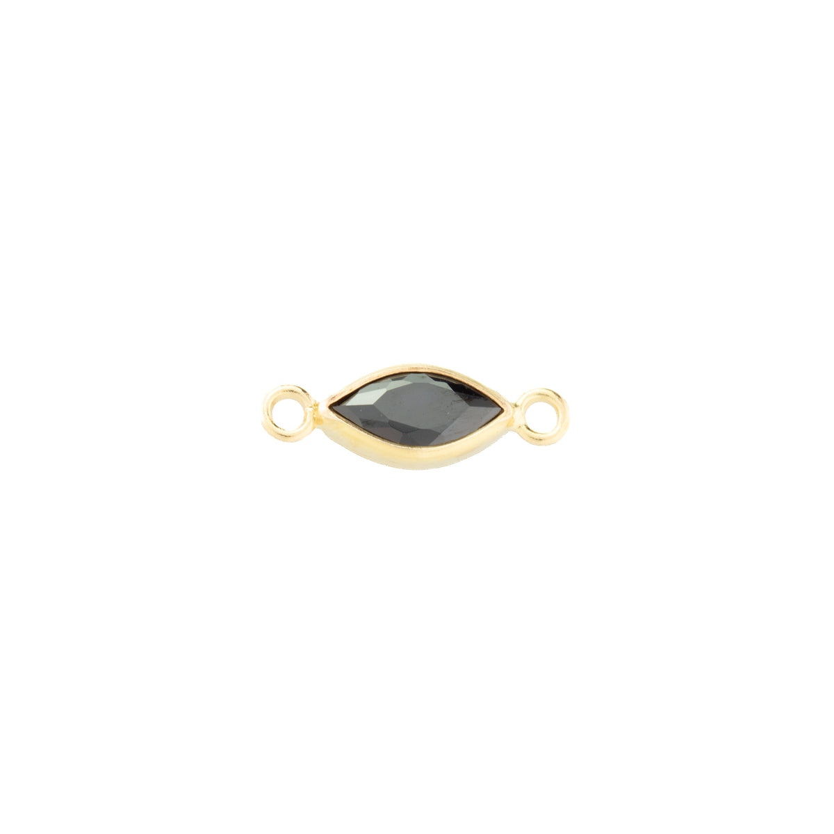 A gold-filled marquise-shaped connector charm with a black faceted gemstone in the center and two small loops on either end, shown on a plain white background.