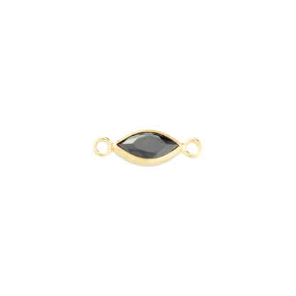 A gold-filled marquise-shaped connector charm with a black faceted gemstone in the center and two small loops on either end, shown on a plain white background.