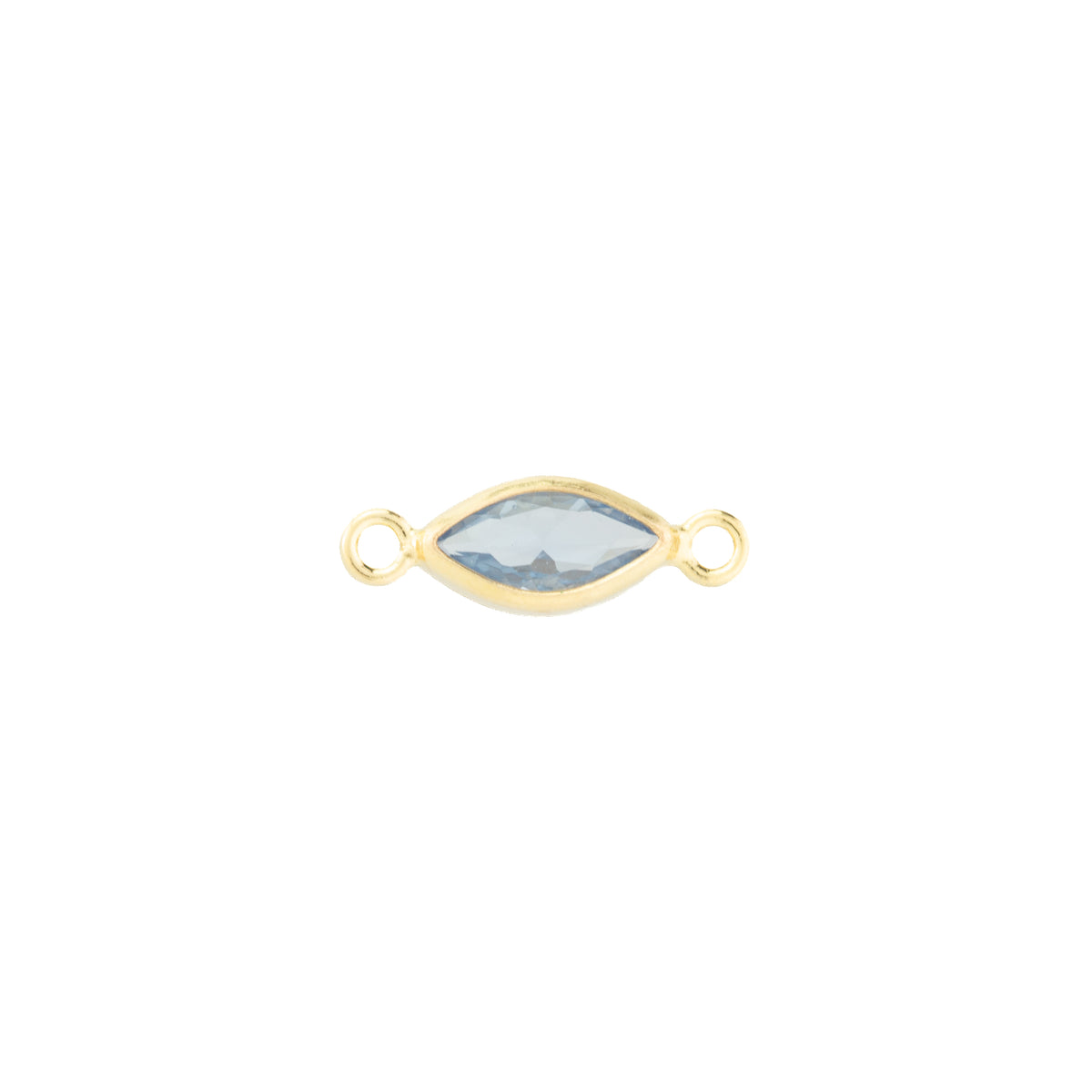 A gold-filled marquise-shaped connector charm with a iceblue faceted gemstone in the center and two small loops on either end, shown on a plain white background.