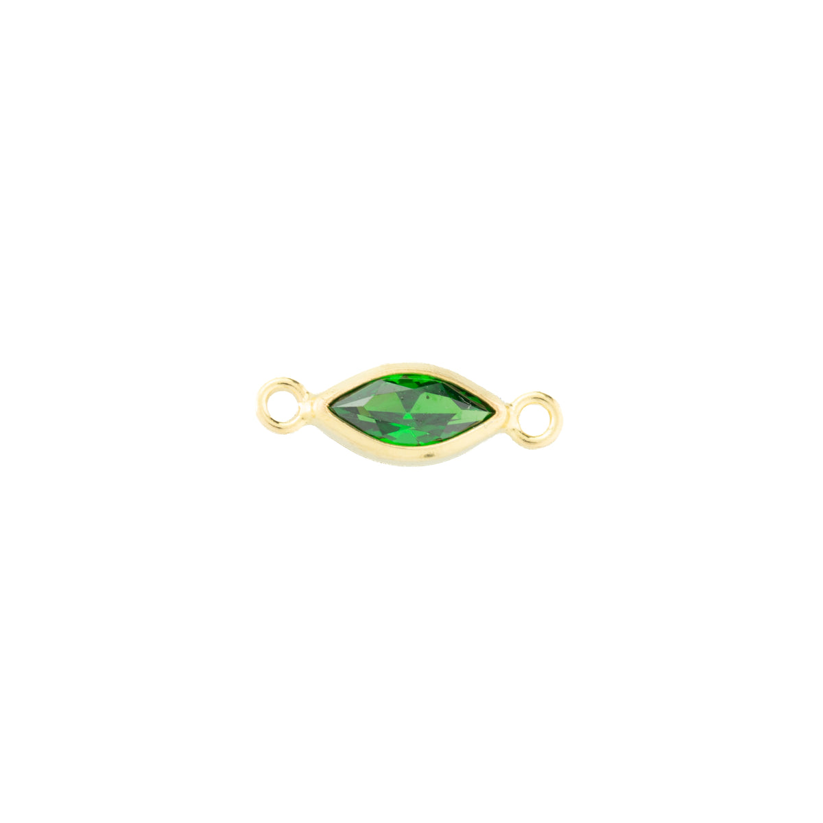 A gold-filled marquise-shaped connector charm with a emerald faceted gemstone in the center and two small loops on either end, shown on a plain white background.