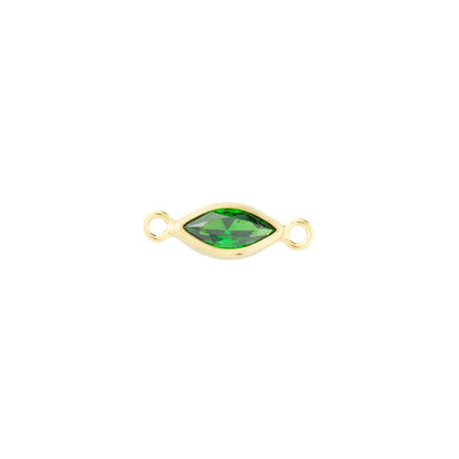 A gold-filled marquise-shaped connector charm with a emerald faceted gemstone in the center and two small loops on either end, shown on a plain white background.