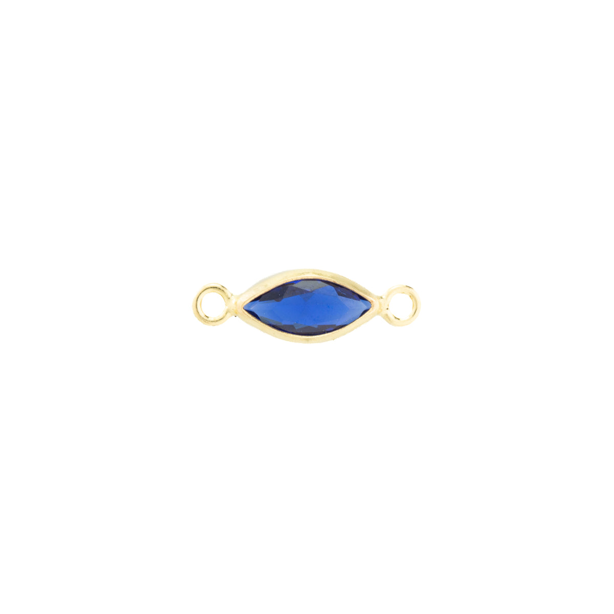A gold-filled marquise-shaped connector charm with a dark blue faceted gemstone in the center and two small loops on either end, shown on a plain white background.