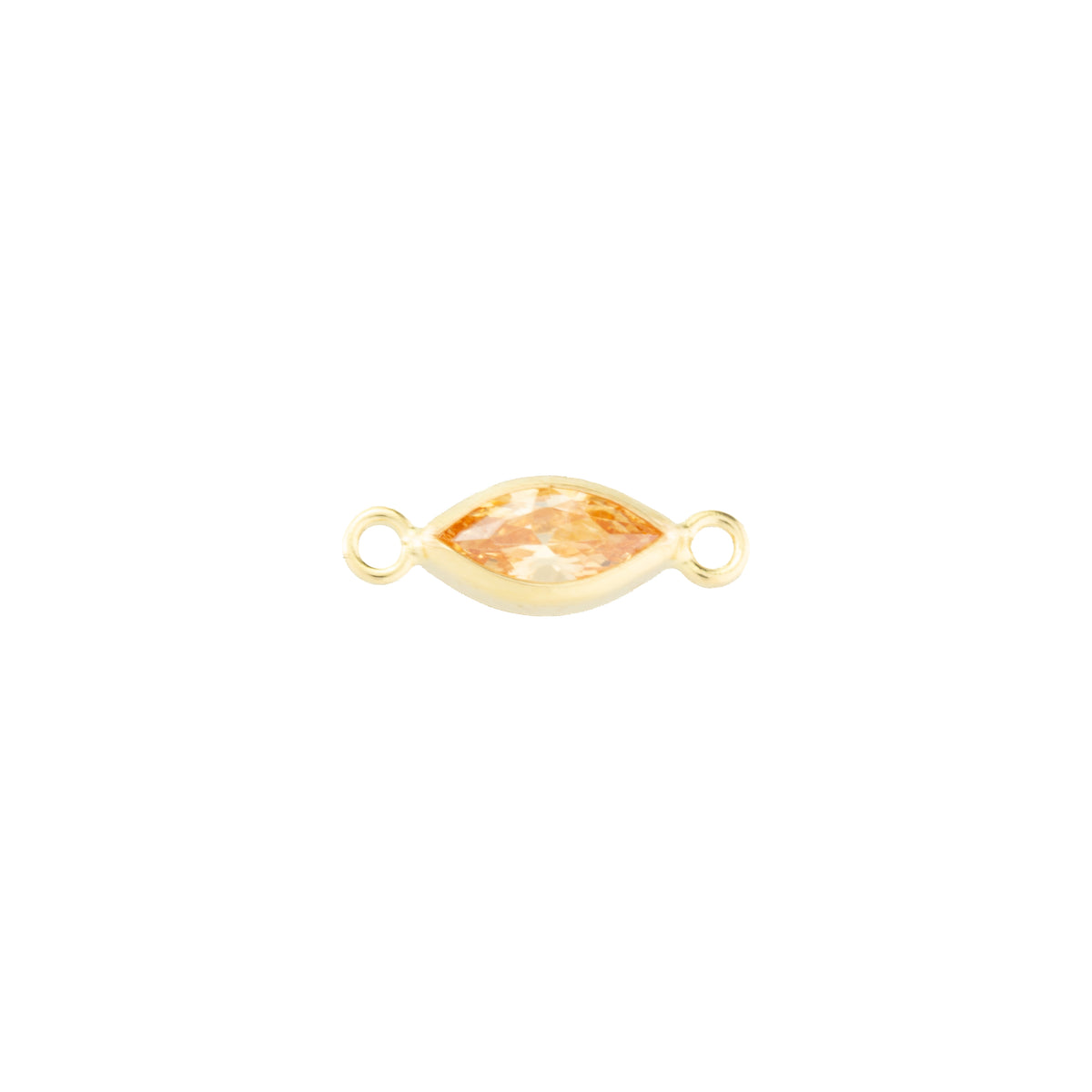 A gold-filled marquise-shaped connector charm with a champagne faceted gemstone in the center and two small loops on either end, shown on a plain white background.