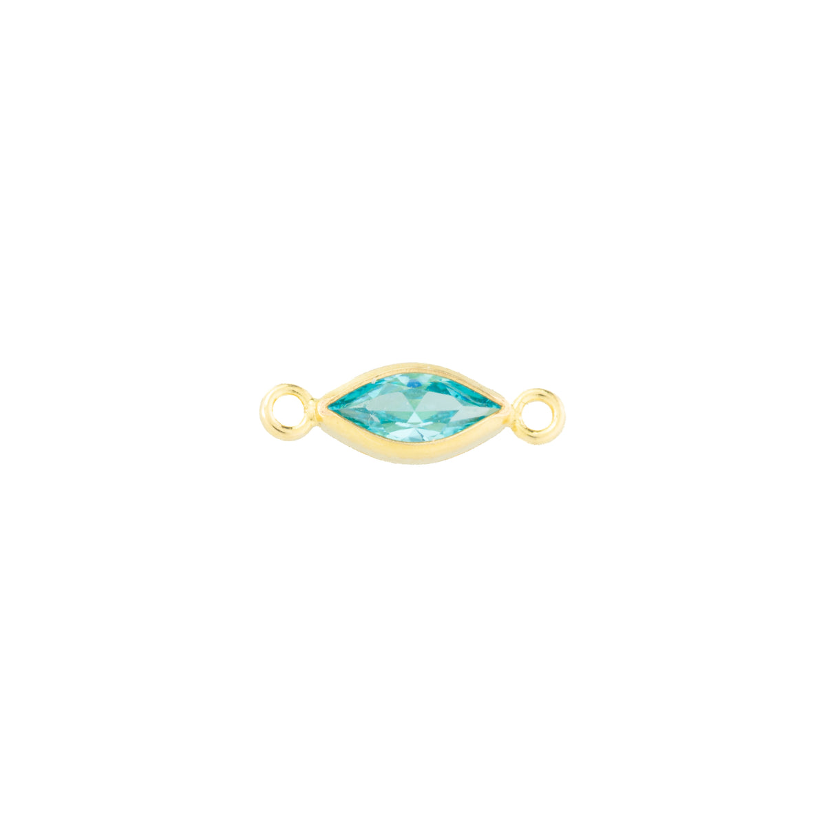 A gold-filled marquise-shaped connector charm with a bright blue faceted gemstone in the center and two small loops on either end, shown on a plain white background.