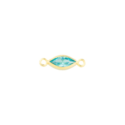 A gold-filled marquise-shaped connector charm with a bright blue faceted gemstone in the center and two small loops on either end, shown on a plain white background.