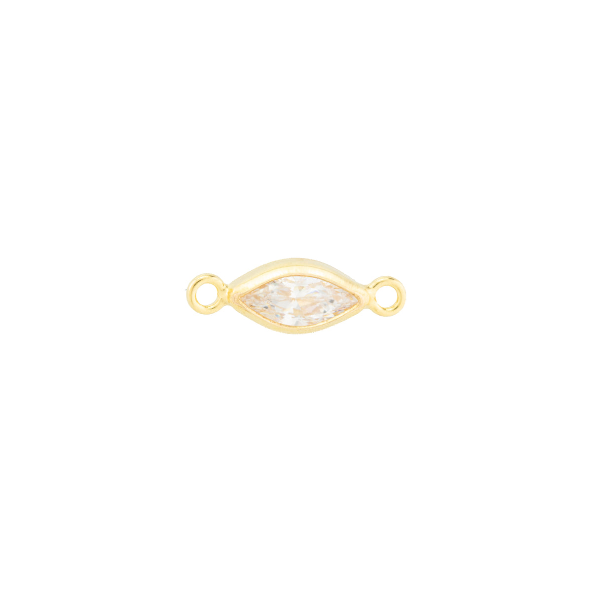 A gold-filled marquise-shaped connector charm with a clear faceted gemstone in the center and two small loops on either end, shown on a plain white background.