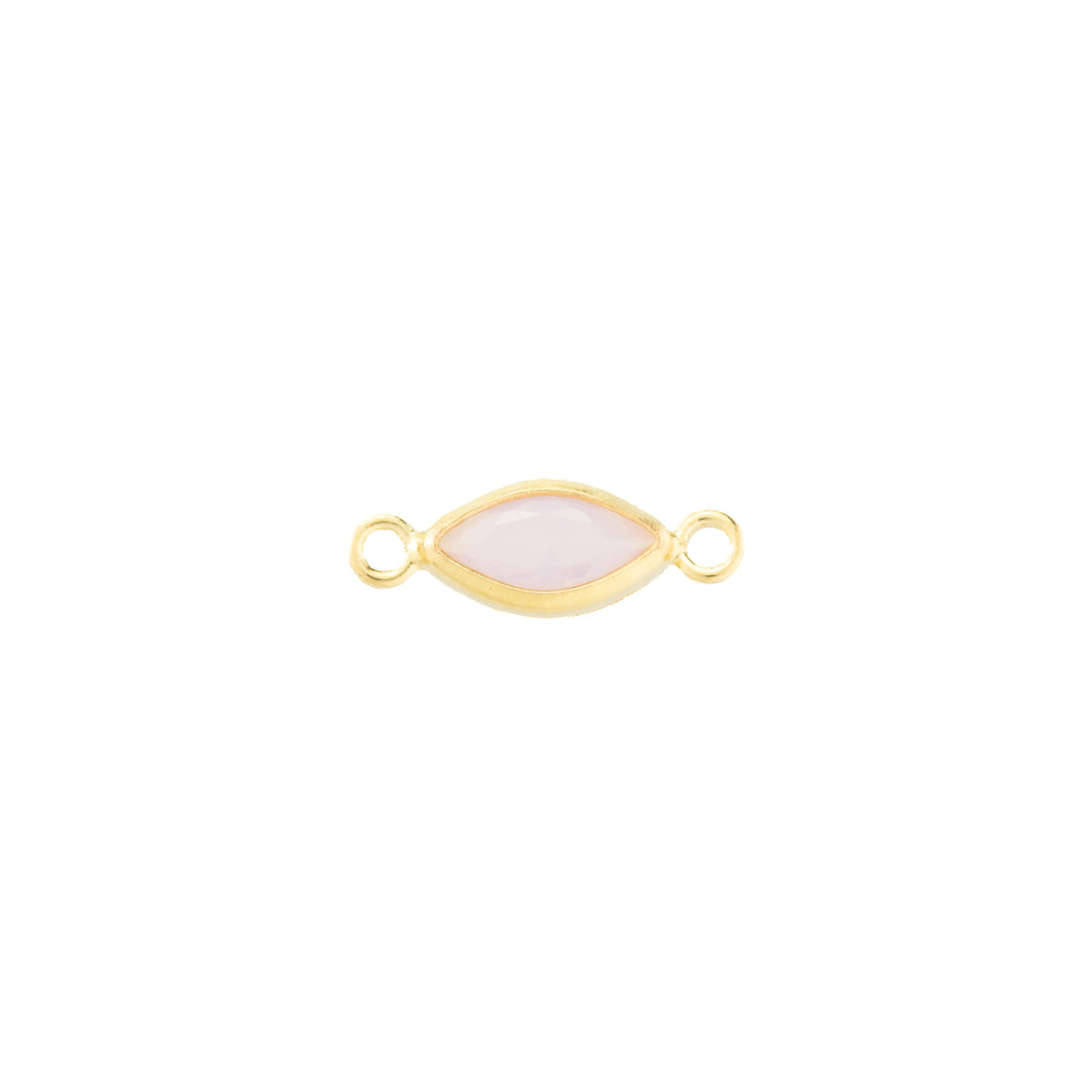 A gold-filled marquise-shaped connector charm with a pink opal faceted gemstone in the center and two small loops on either end, shown on a plain white background.