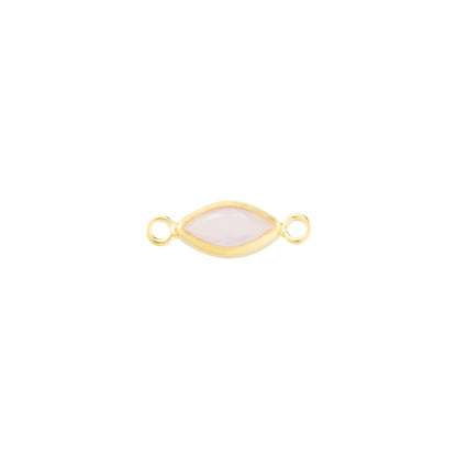 A gold-filled marquise-shaped connector charm with a pink opal faceted gemstone in the center and two small loops on either end, shown on a plain white background.