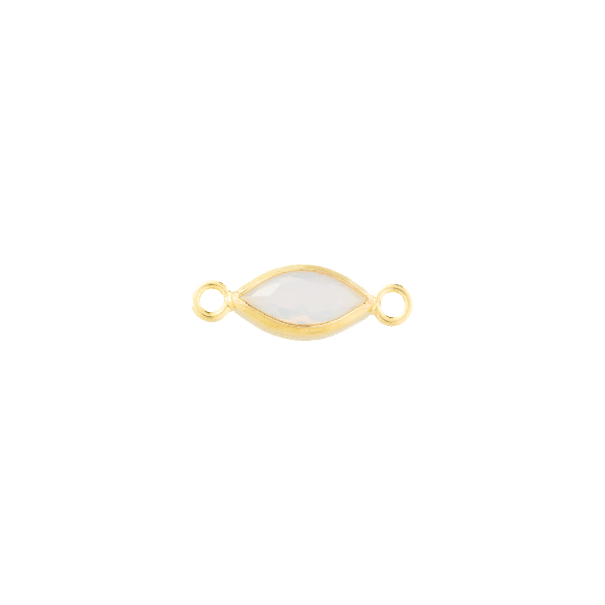 A gold-filled marquise-shaped connector charm with a white opal faceted gemstone in the center and two small loops on either end, shown on a plain white background.
