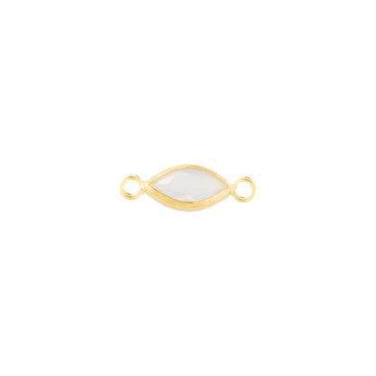 A gold-filled marquise-shaped connector charm with a white opal faceted gemstone in the center and two small loops on either end, shown on a plain white background.