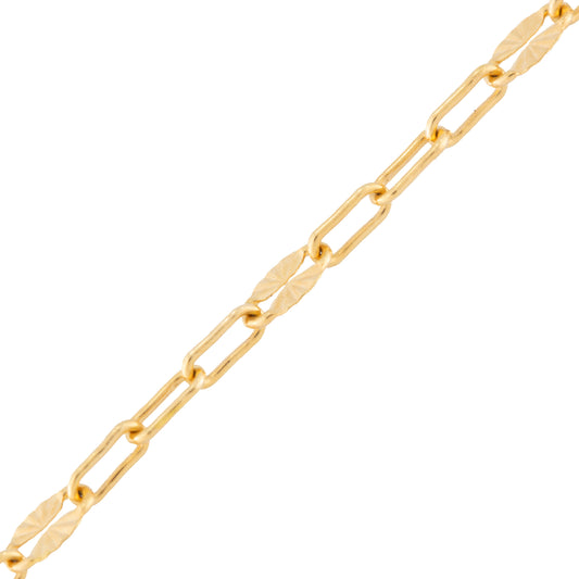 A close-up of a gold paperclip chain link necklace on a plain white background.
