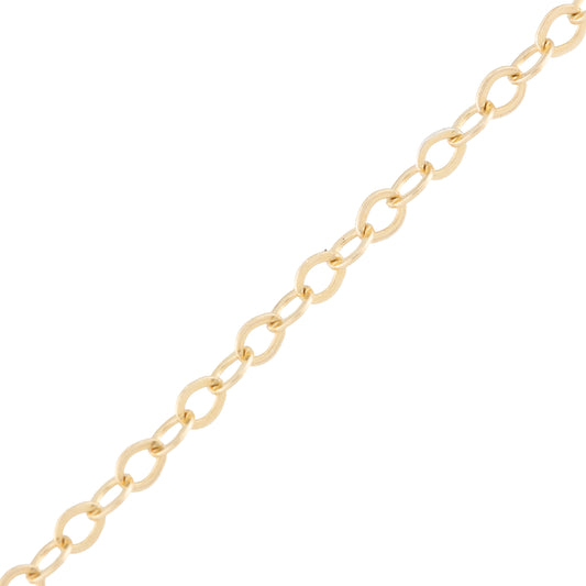 A close-up of a gold chain made of elongated oval links, shown diagonally on a plain white background.