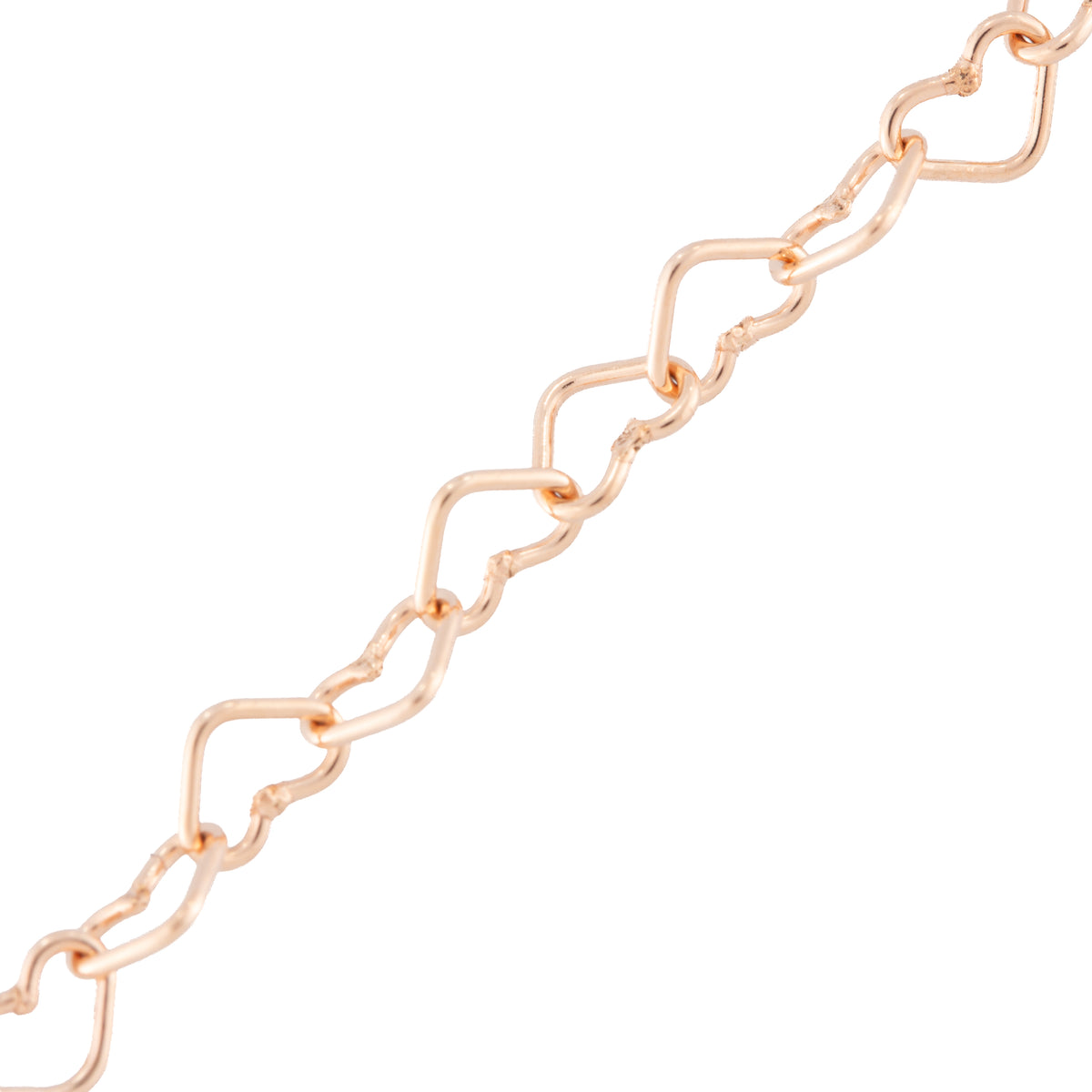 A close-up of a rose gold chain link bracelet featuring interlocking open heart shapes, shown against a plain white background.