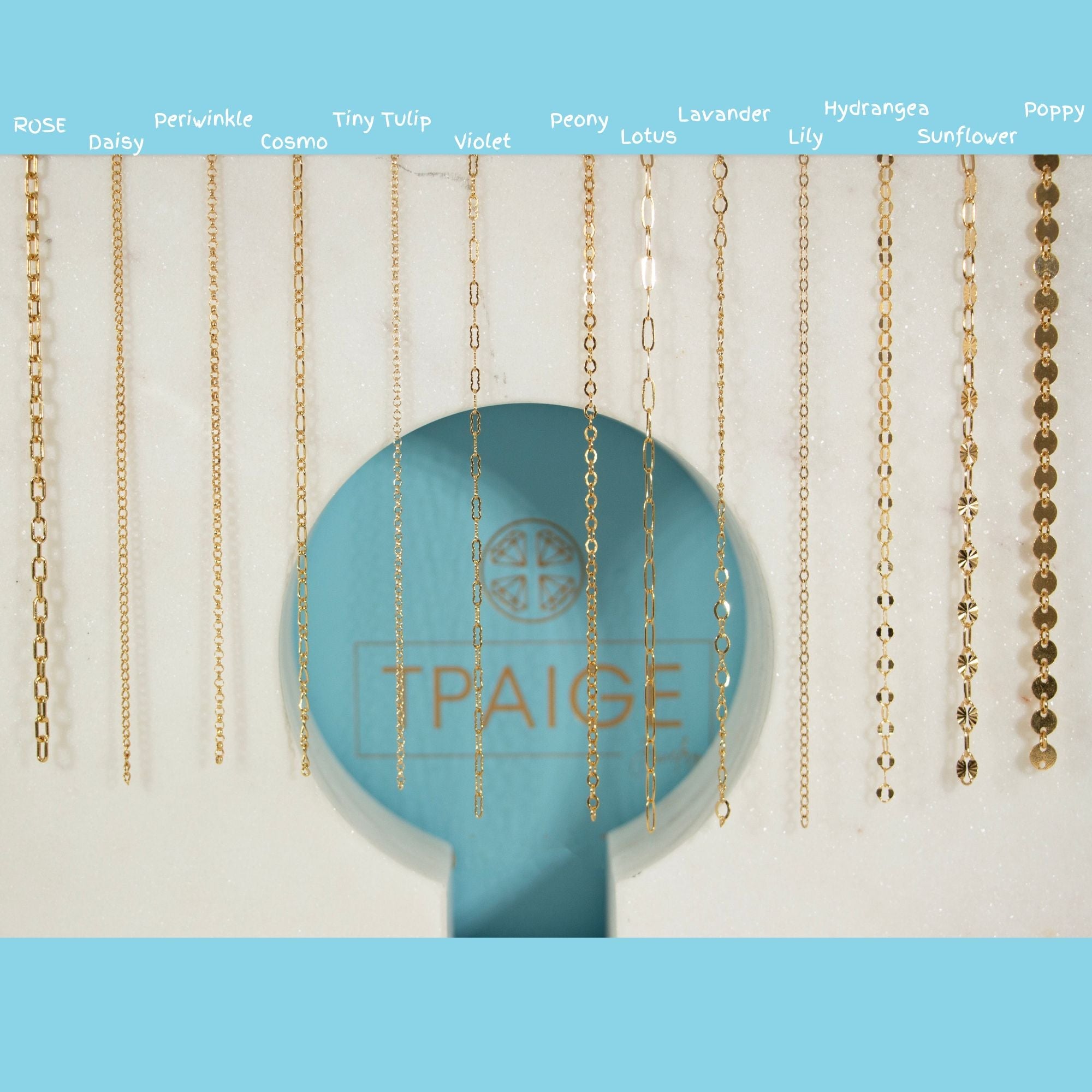 Permanent Jewelry Gold filled Bracelet 
Jewelry chain selection for a bracelet dangling on a display
