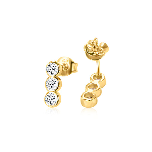 Three Stone Bezel 18k Gold Stud Earrings - TPAIGE Jewelry