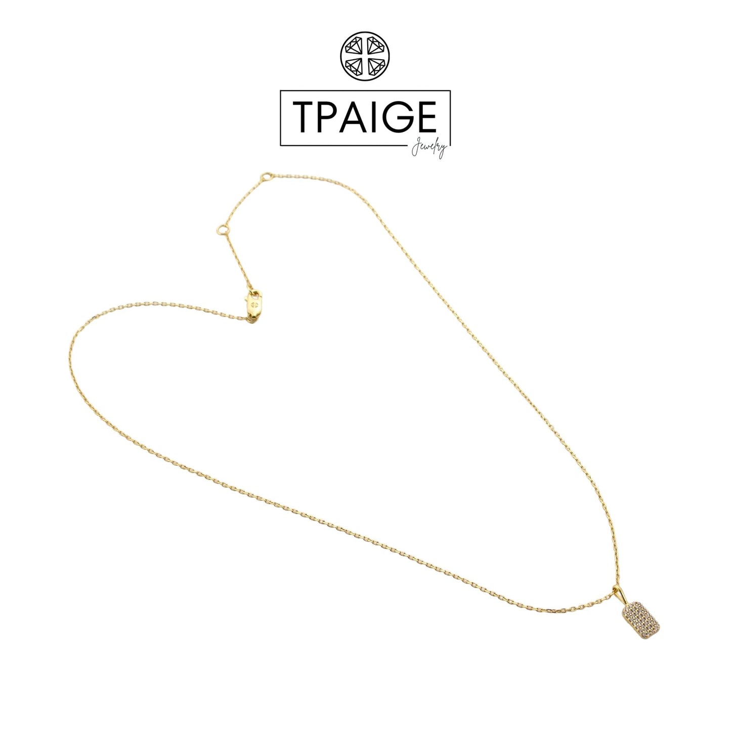 Tiny Rectangular Pave 14k Gold Tag Necklace - TPAIGE Jewelry