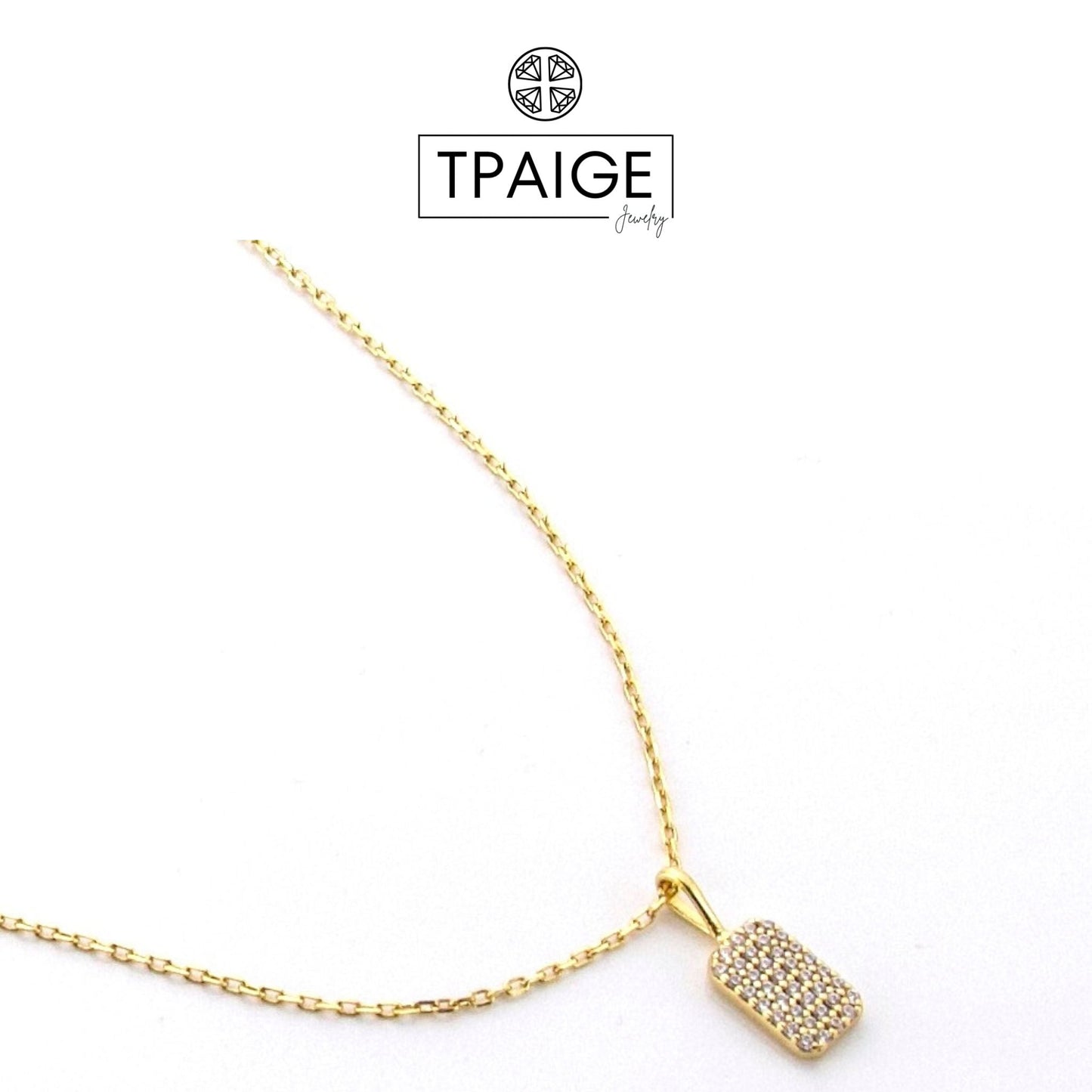 Tiny Rectangular Pave 14k Gold Tag Necklace - TPAIGE Jewelry